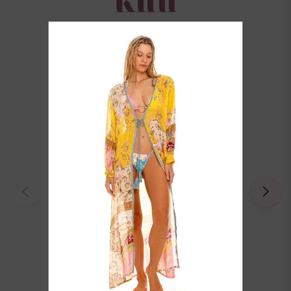 Agua Bendita Yellow Floral Maxi Kimono with Pink Accents